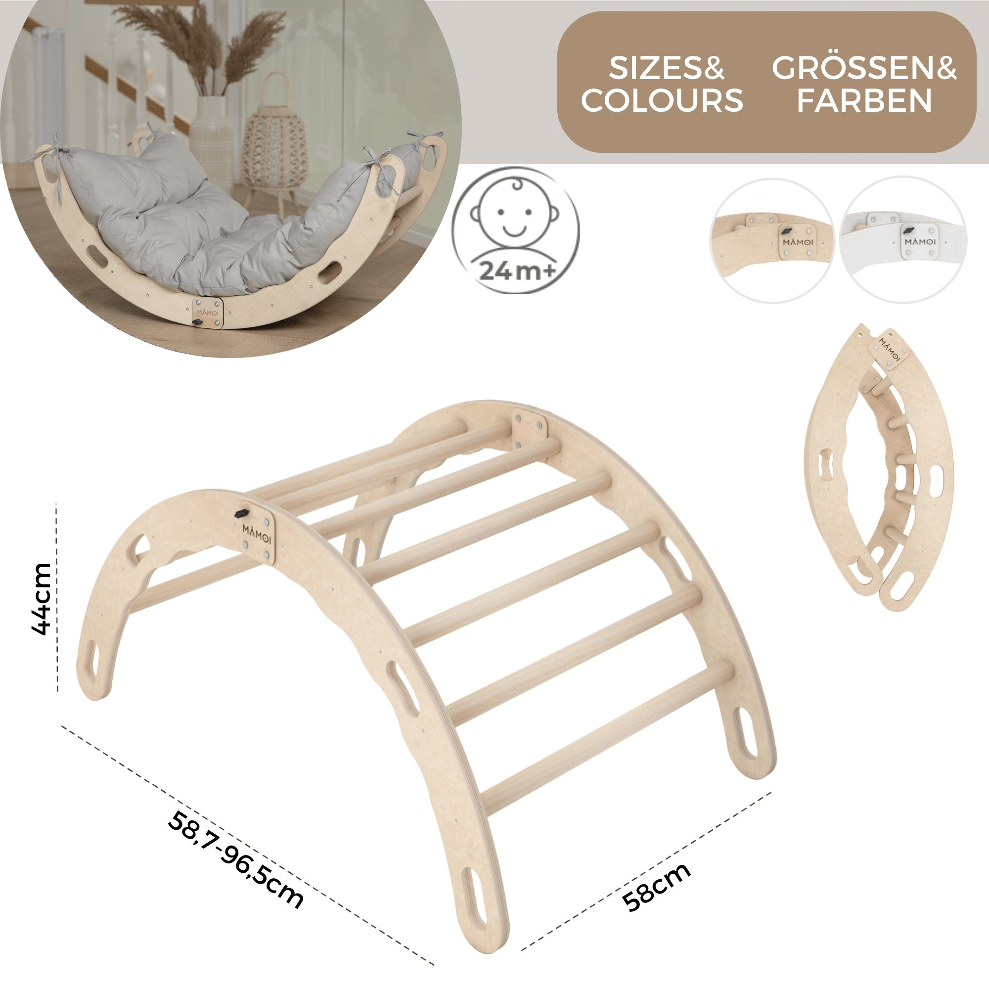 MAMOI® Arrampicata per bambini in legno naturale, Dondolo triangolo, Altalena da casa interno, Parete arco montessori a partire da 1 anno 2/3 anni