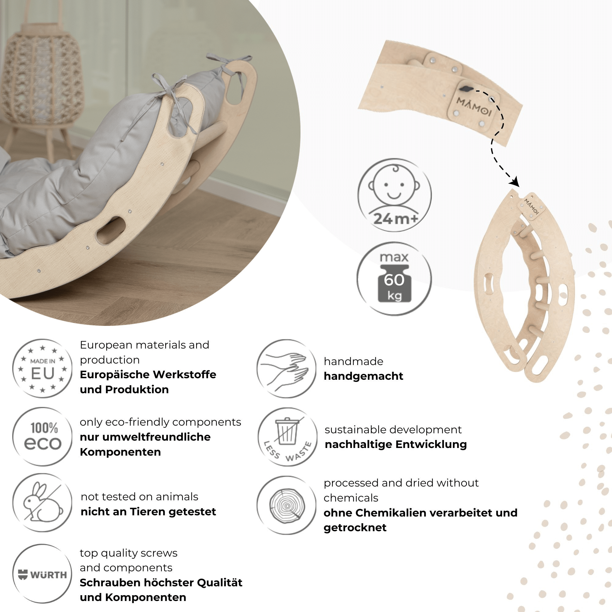 MAMOI® Arrampicata per bambini in legno naturale, Dondolo triangolo, Altalena da casa interno, Parete arco montessori a partire da 1 anno 2/3 anni