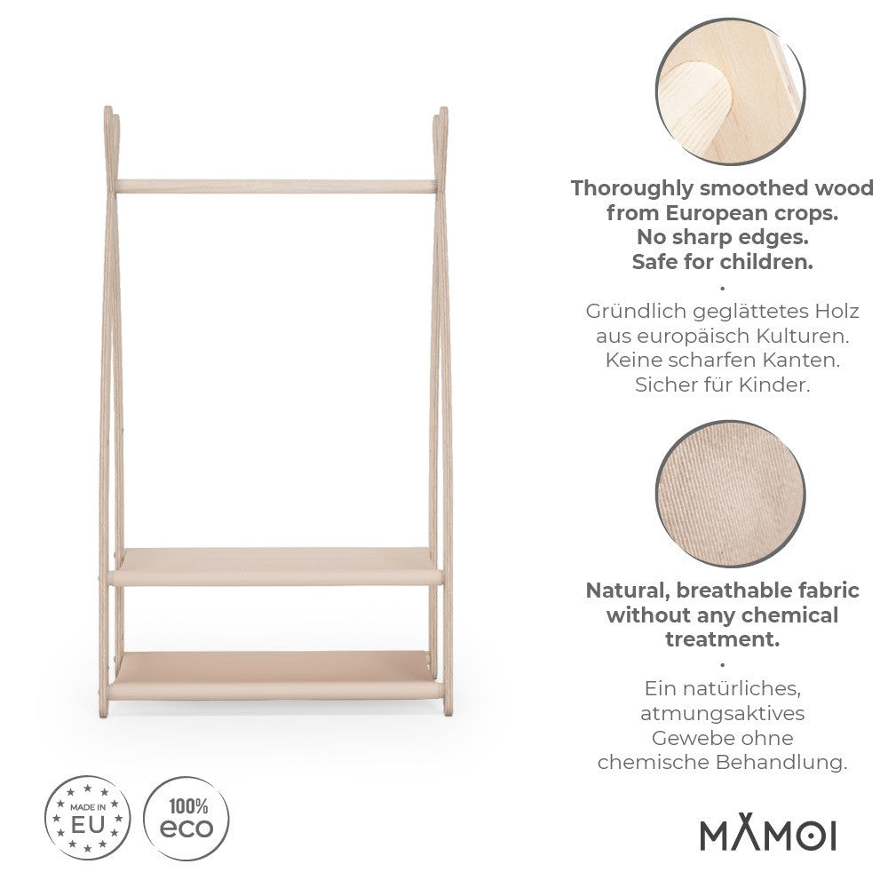 MAMOI® Children clothes rail Beige 53x95x32cm | Dressing up rail for kids made of natural wood | Baby wardrobe clothes storage modern design | Baby accessories | 100% ECO | MADE in EU