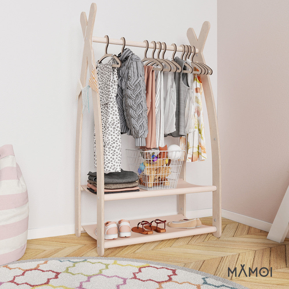 MAMOI® Children clothes rail Beige 53x95x32cm | Dressing up rail for kids made of natural wood | Baby wardrobe clothes storage modern design | Baby accessories | 100% ECO | MADE in EU