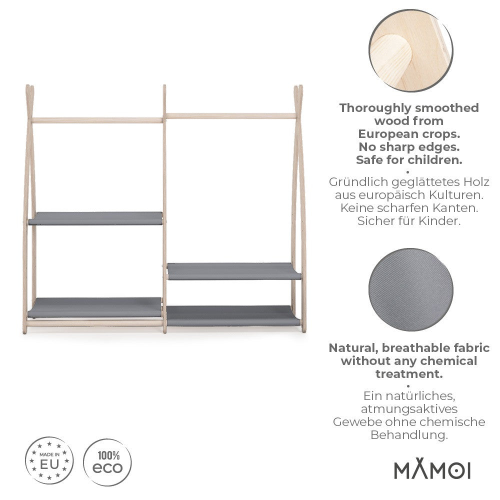 MAMOI® Wieszak na ubrania dla dzieci | Szafa na ubrania dla dzieci wykonany z naturalnego drewna | Garderoba dziecięca do przechowywania ubrań nowoczesny design | Akcesoria dla dzieci | 100% ECO | Wyprodukowano w UE