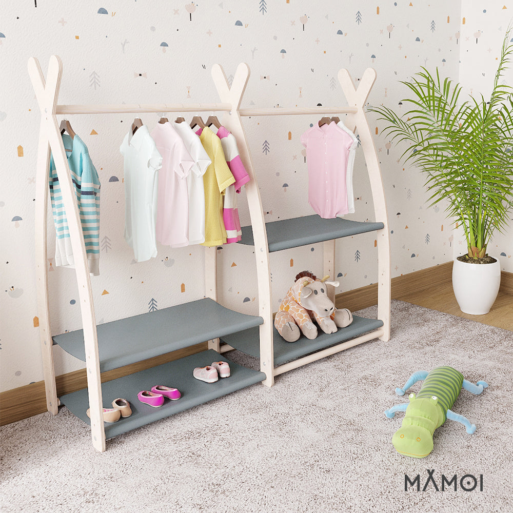 MAMOI® Wieszak na ubrania dla dzieci | Szafa na ubrania dla dzieci wykonany z naturalnego drewna | Garderoba dziecięca do przechowywania ubrań nowoczesny design | Akcesoria dla dzieci | 100% ECO | Wyprodukowano w UE