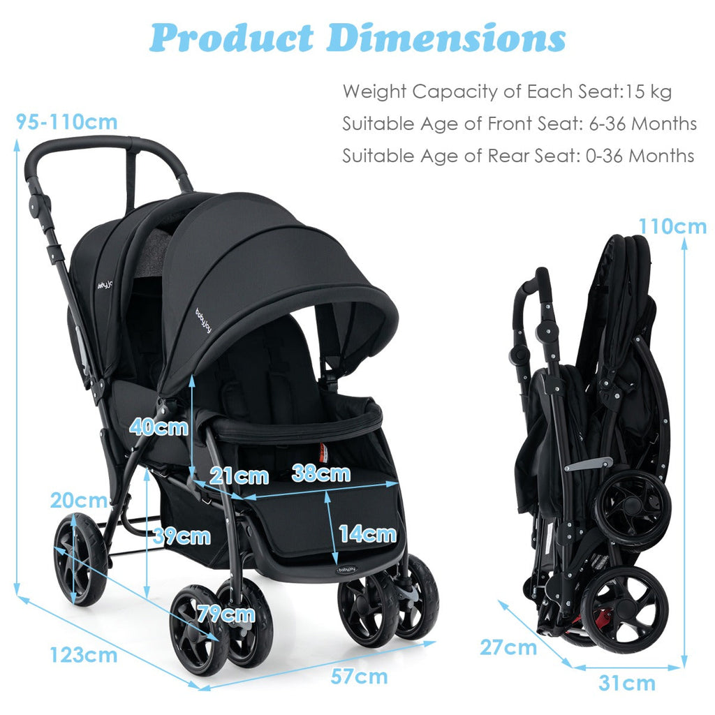 NNECW Folding Double Baby Stroller with Tandem Seating &amp; Canopy for Toddlers-Black