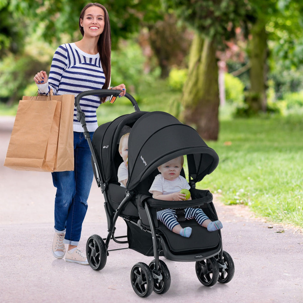 NNECW Folding Double Baby Stroller with Tandem Seating &amp; Canopy for Toddlers-Black