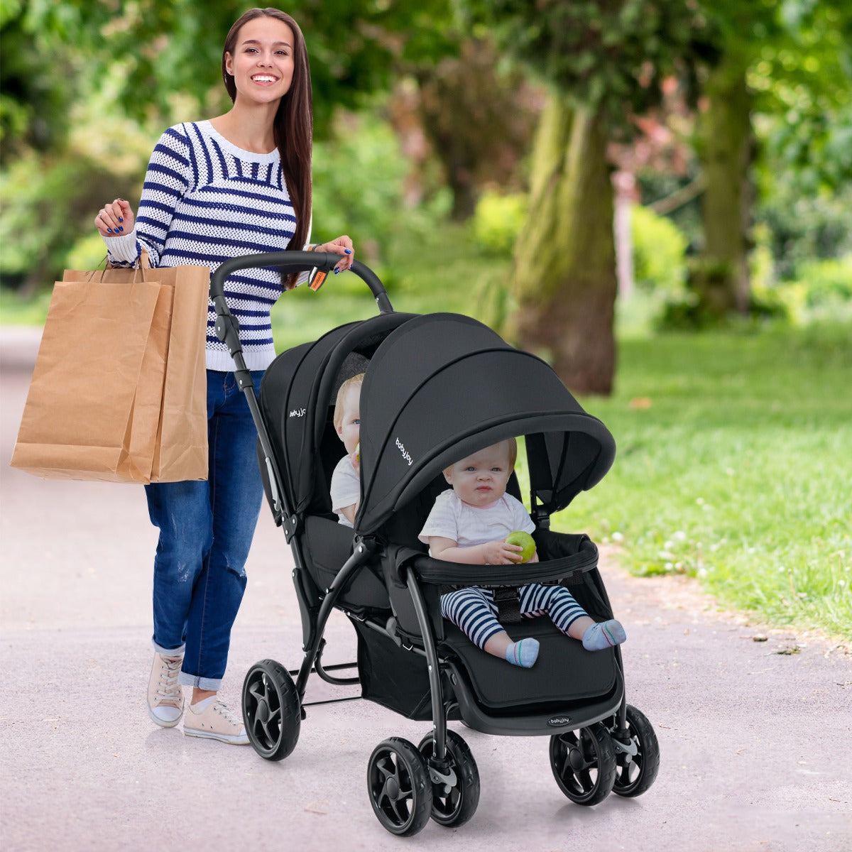 NNECW Folding Double Baby Stroller with Tandem Seating &amp; Canopy for Toddlers-Black